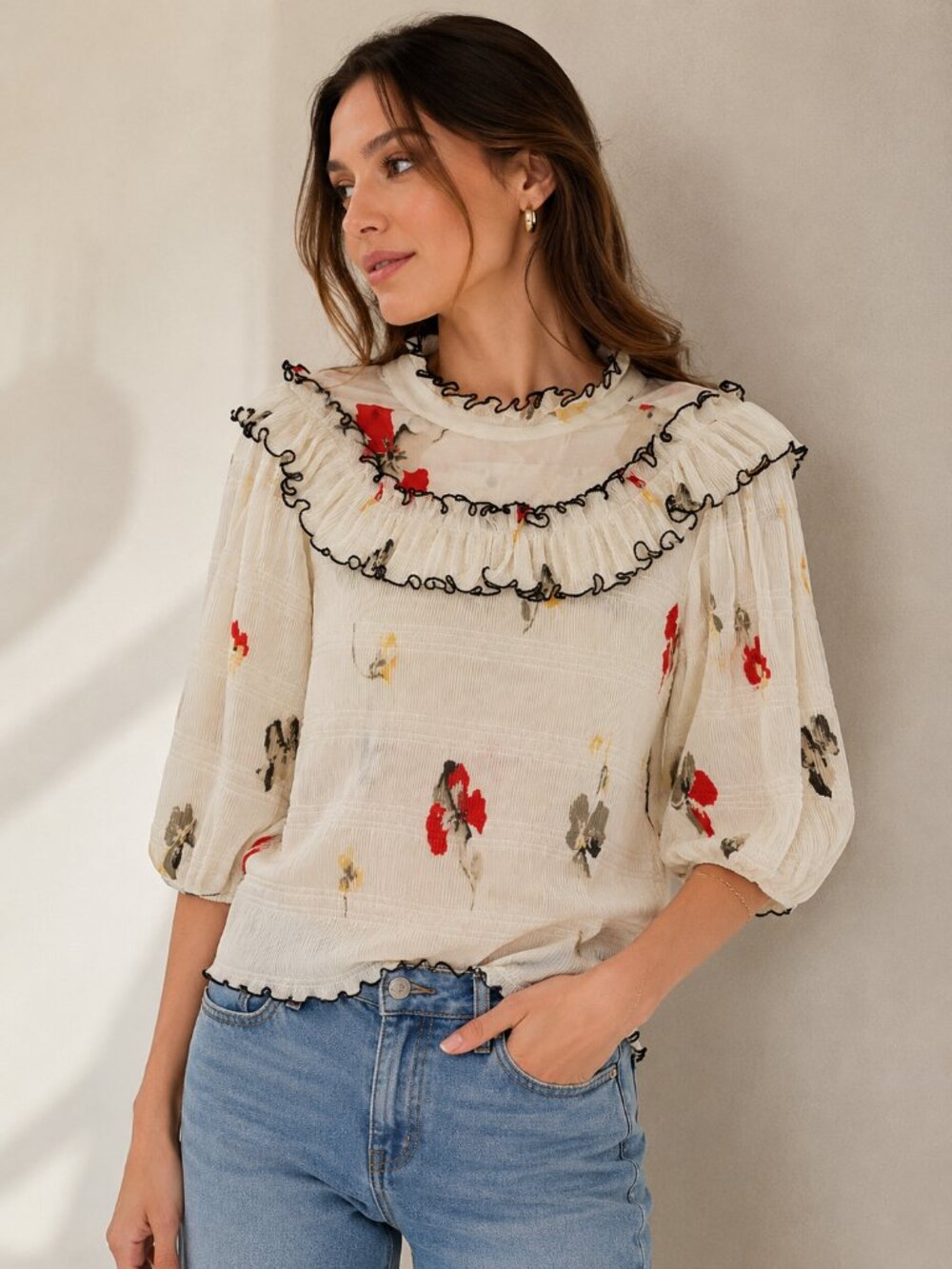 GANNI Floral Ruffle Blouse Size 36 Ivory Red Pleated Sheer Top 0812